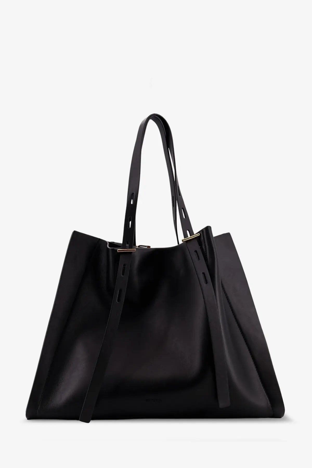 Minobossi women’s Paula black leather tote bag with gold-tone hardware and dual top handles