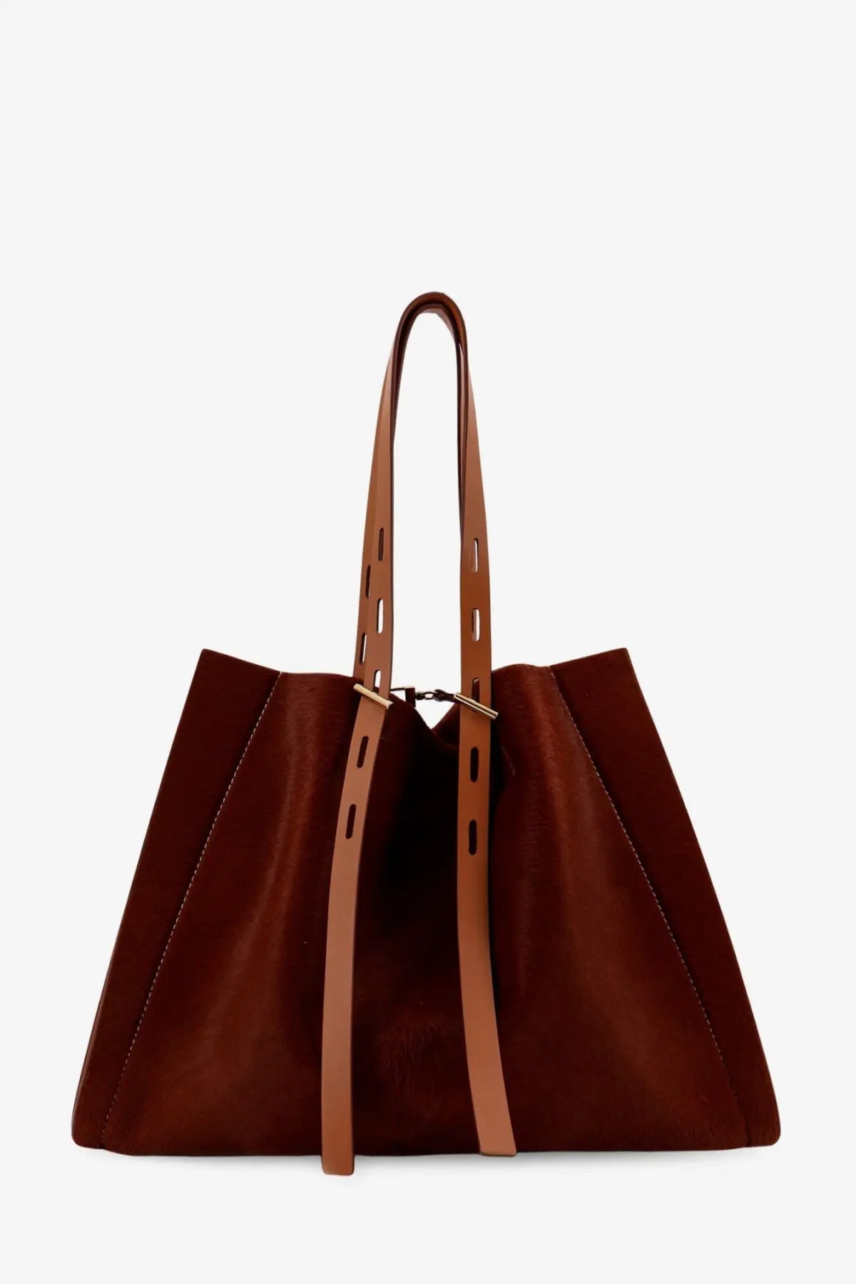 Minobossi women’s Paula pony skin shoulder bag beige with rich brown leather tote and contrasting tan straps minimalist design