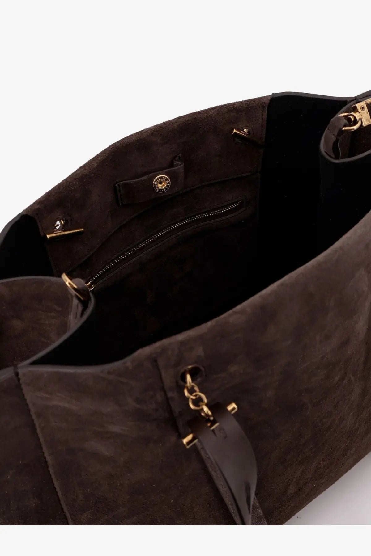 Minobossi women’s Paula suede shoulder bag is a brown tote with gold-tone hardware and a black interior