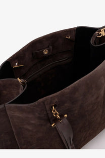 Minobossi women’s Paula suede shoulder bag is a brown tote with gold-tone hardware and a black interior