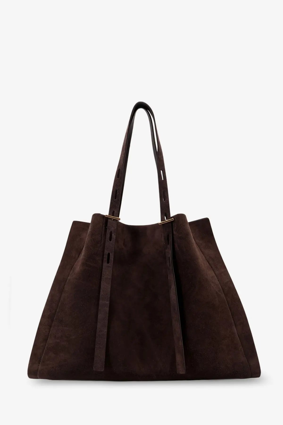 Minobossi women’s paula suede shoulder bag in dark brown with slender leather straps and gold-tone hardware accents
