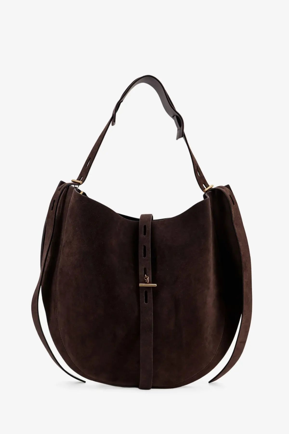 A dark brown suede hobo bag with a central leather strap and gold-tone hardware from minobossi women’s collection