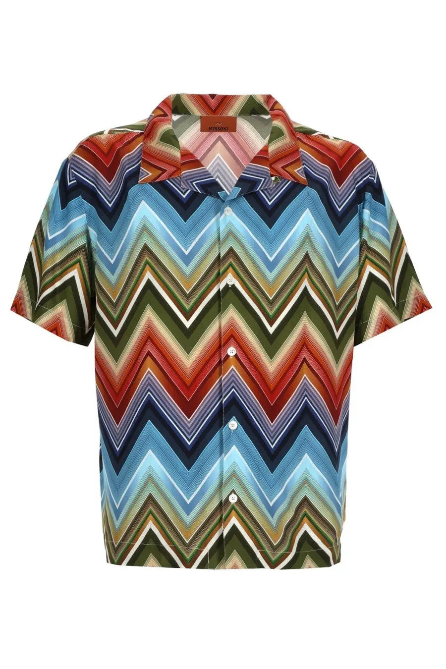 Missoni men’s short-sleeved button-up shirt with bold red blue green beige zigzag pattern in viscose multicolor