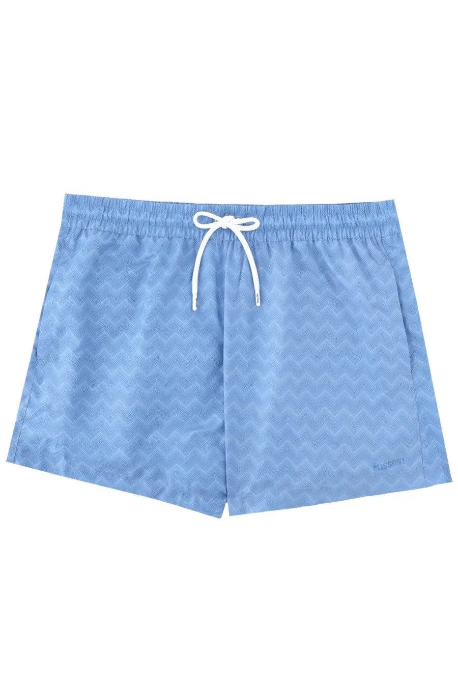 Missoni men’s light blue swim trunks with subtle chevron pattern and white drawstring for beachwear