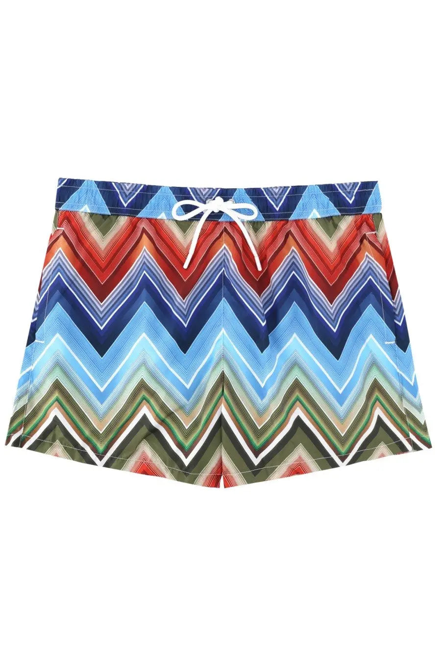 Missoni men’s costume da bagno swim trunks with vibrant red blue green zigzag pattern and white drawstring waistband