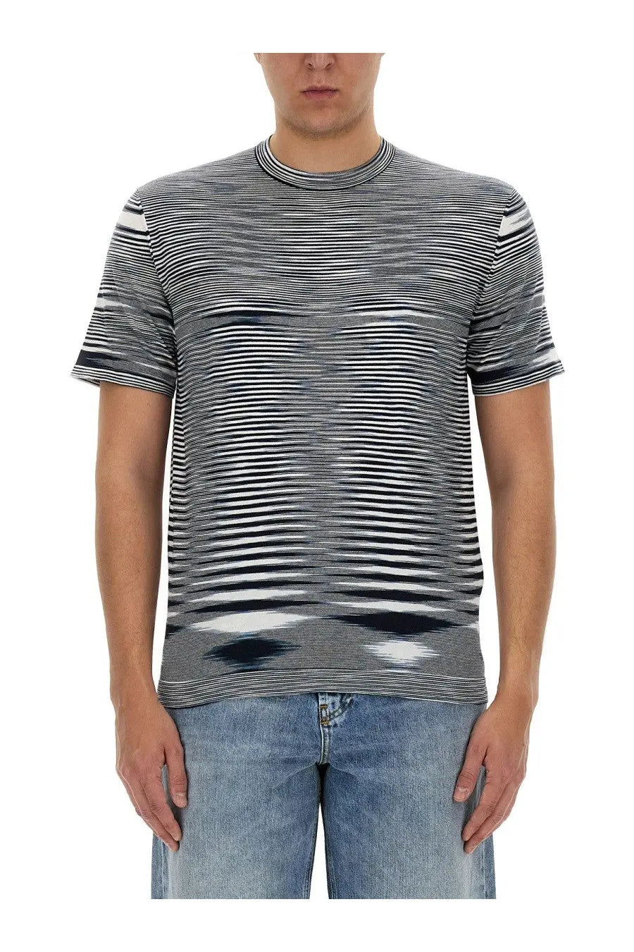 Missoni men’s cotton shirt blue gray and white striped short-sleeved t-shirt with round neckline front view