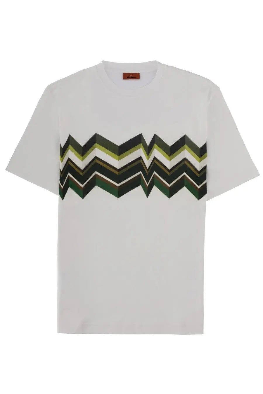Missoni men’s white short-sleeved t-shirt with bold green and black zigzag chest pattern made from soft fabric