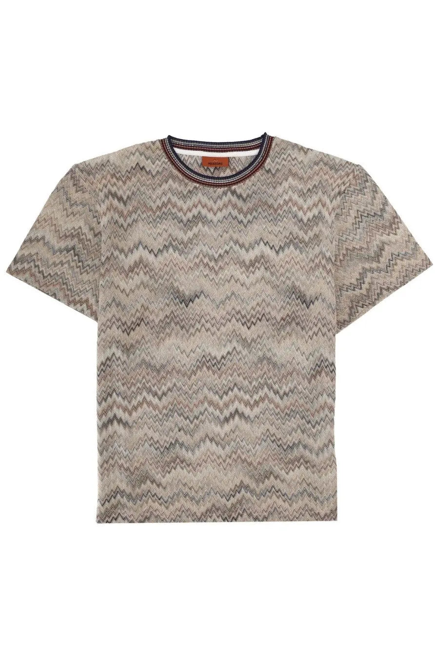 Missoni men’s beige short-sleeve shirt in cotone with gray zigzag pattern and ribbed crew neck