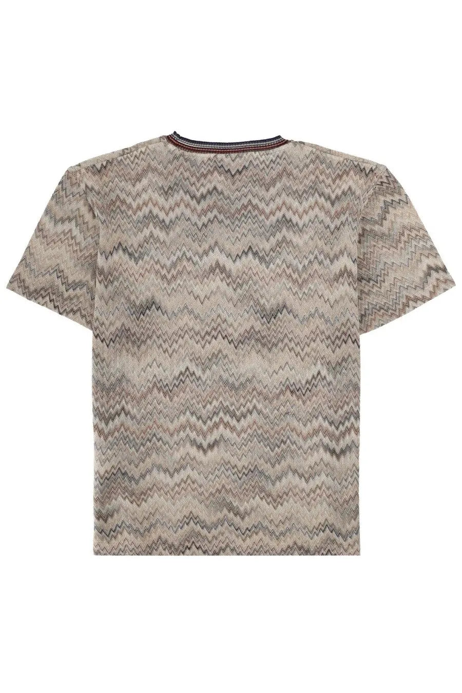 Missoni men’s beige short-sleeved shirt in cotone with beige and gray zigzag pattern and ribbed crew neck