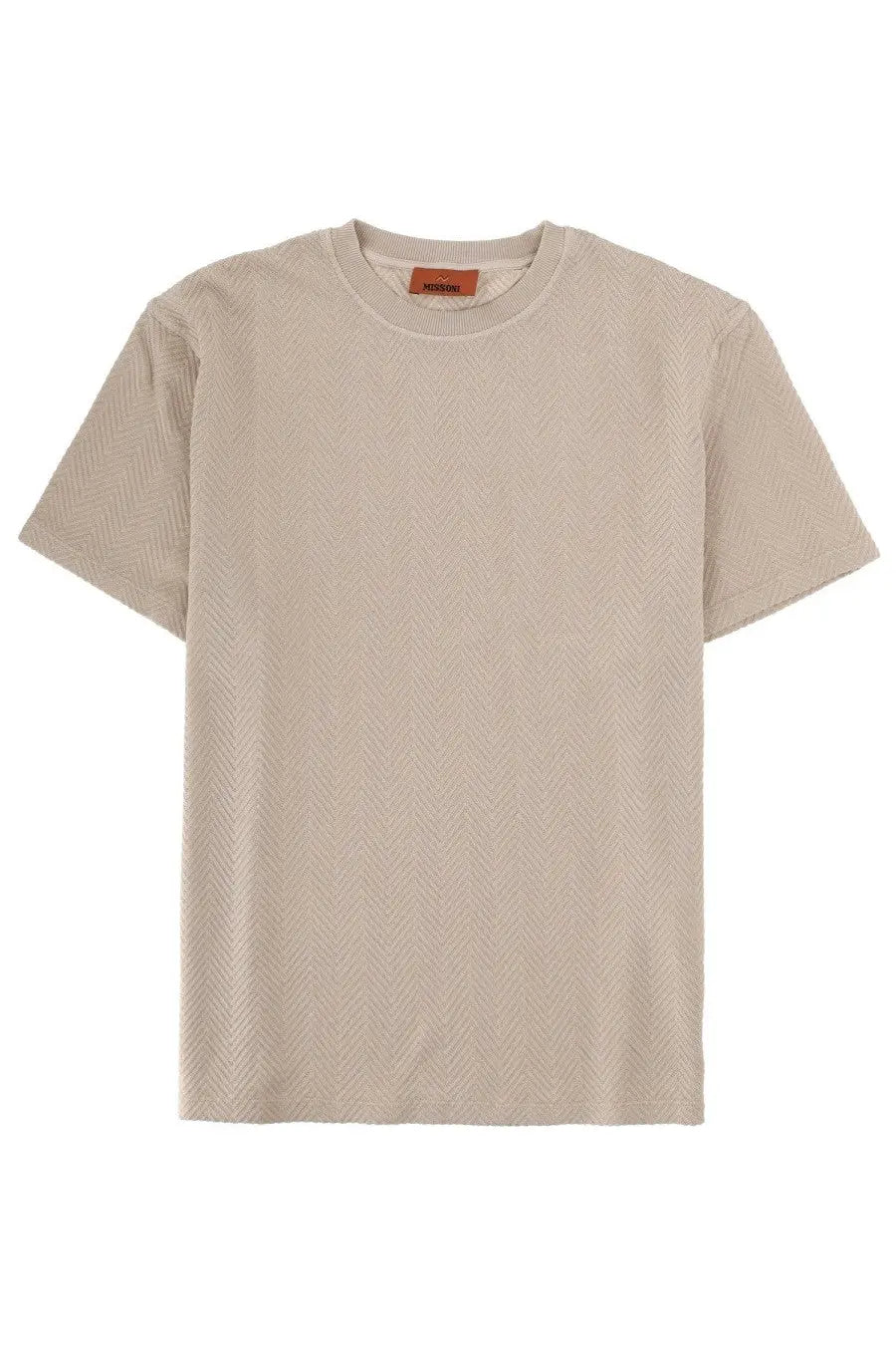 Beige short-sleeved missoni men shirt in cotone with subtle herringbone texture and crew neckline