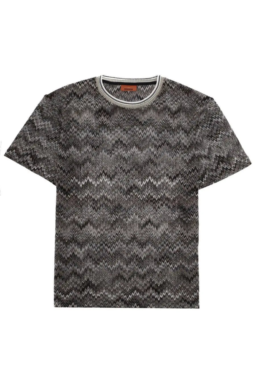 Missoni men’s short-sleeved shirt in black and gray zigzag pattern with ribbed crew neck in cotton multicolor