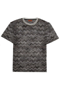 Missoni men’s short-sleeved shirt in black and gray zigzag pattern with ribbed crew neck in cotton multicolor