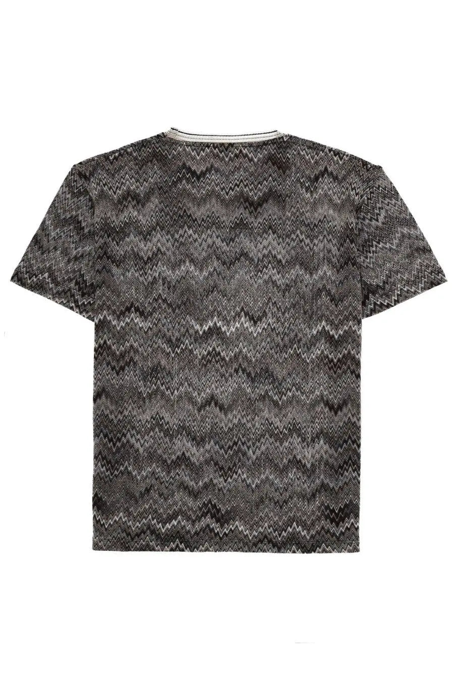 Missoni men’s short-sleeved cotone shirt with black and gray zigzag pattern and white ribbed collar