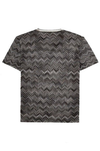 Missoni men’s short-sleeved cotone shirt with black and gray zigzag pattern and white ribbed collar