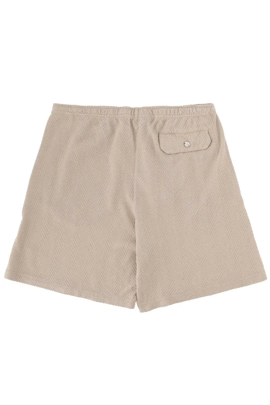Back side of missoni men’s beige cotone shorts with herringbone pattern and buttoned back pocket