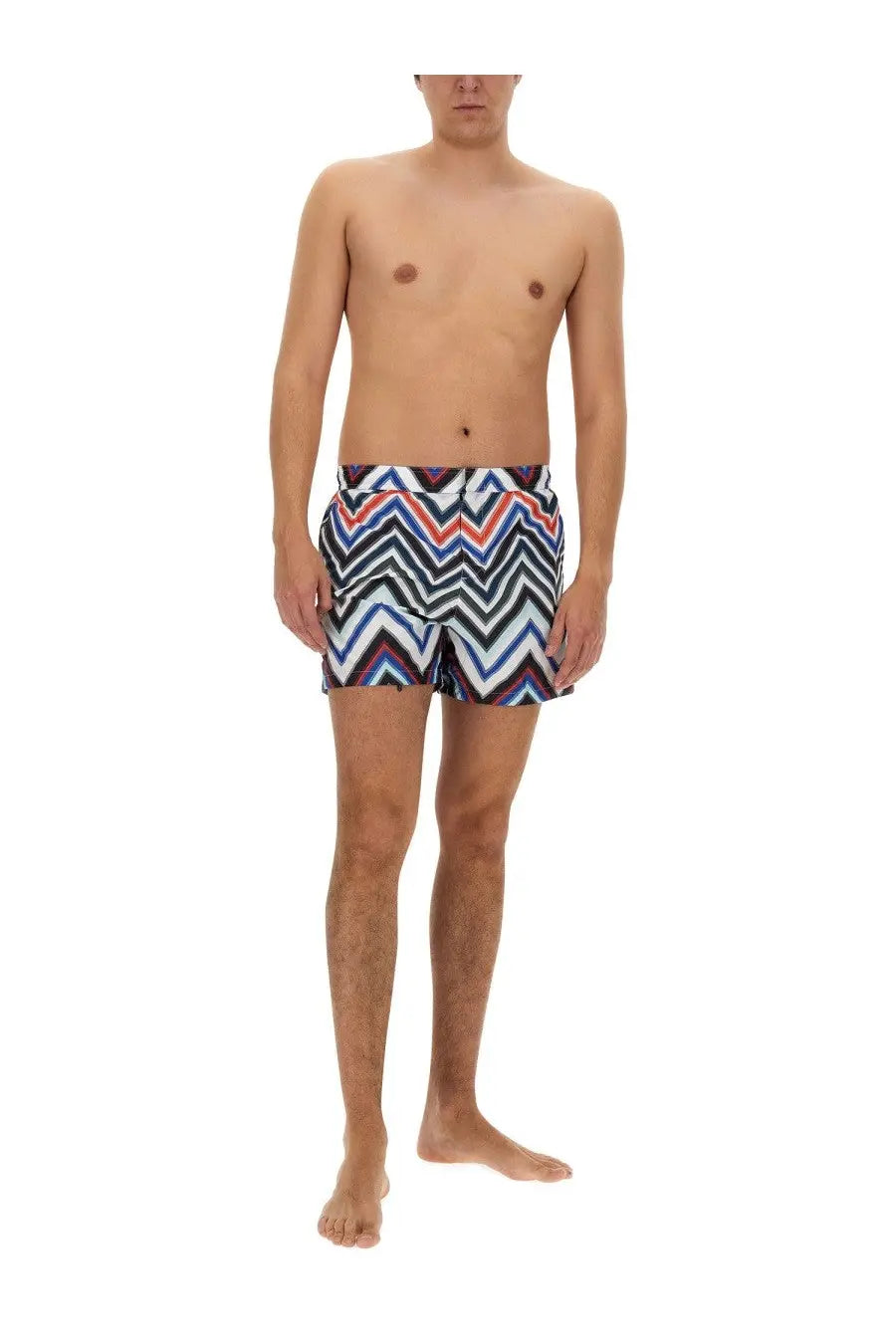 Missoni men’s swimsuit featuring bold zigzag pattern in navy white red and black swim trunks material for swimming