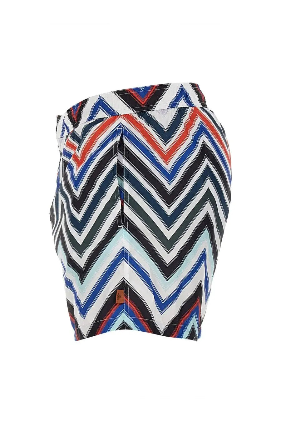Missoni men’s swimsuit featuring vibrant zigzag-patterned shorts in bold red blue black and white stripes