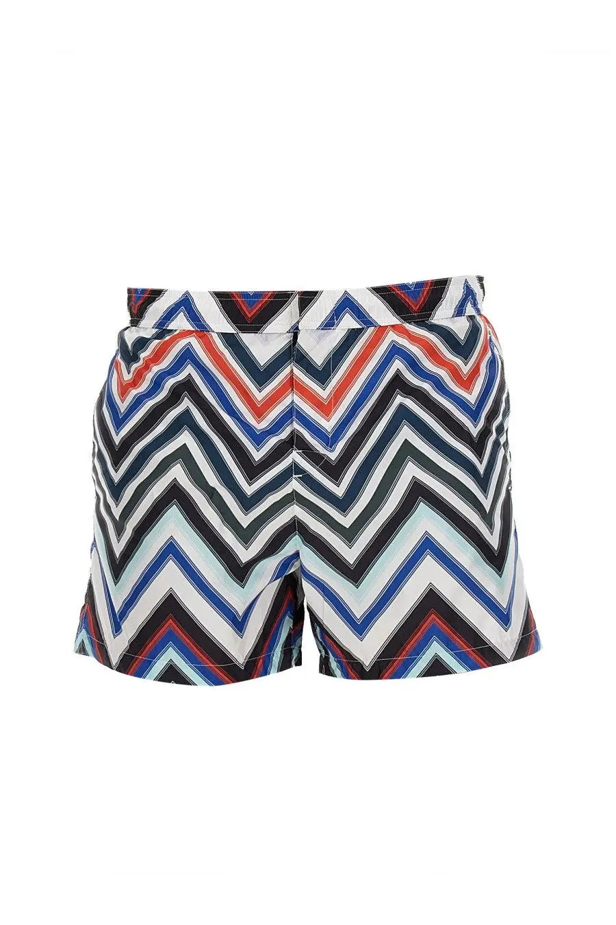 Missoni men’s swimsuit featuring vibrant multicolor zigzag-patterned swim shorts in bold red blue black and white stripes