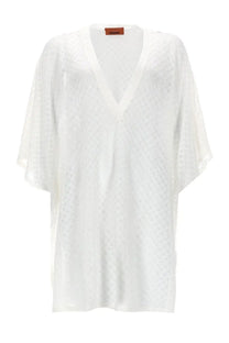 Missoni women’s white caftano copricostume with eyelet lace v-neck top and short flutter sleeves