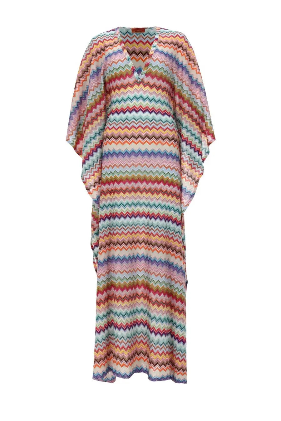 Missoni women’s multicolor caftano lungo copricostume dress with vibrant zigzag pattern wide sleeves and v-neckline
