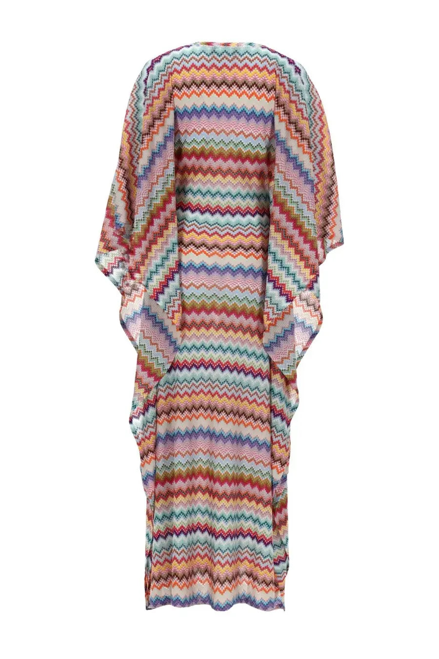 Missoni women’s caftano lungo copricostume multicolor knit dress with vibrant zigzag pattern in pink blue green and orange