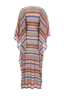 Missoni women’s caftano lungo copricostume multicolor knit dress with vibrant zigzag pattern in pink blue green and orange