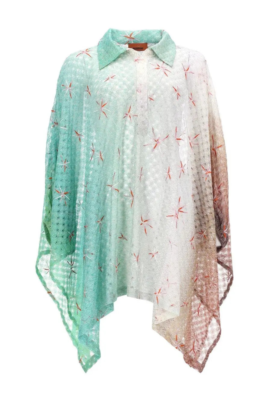 Missoni women’s copristume corto lace cape in viscosa lamé with mint green to rose gold ombre and red starburst embroidery