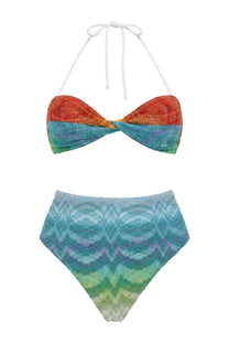 Missoni women’s two-piece bikini set with orange teal gradient top and high-waisted blue-green chevron bottoms