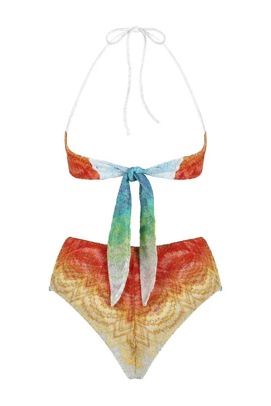 Missoni women’s bikini set with chevron multicolor tie-dye halter top and high-waisted stretchy bottoms
