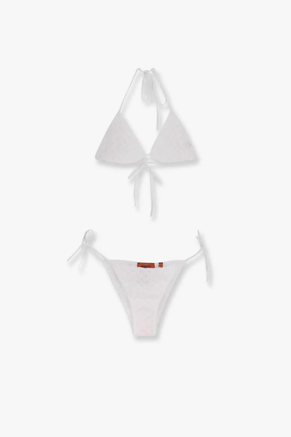 Missoni white embroidered and lined bikini set with delicate tie-side straps and a minimalist triangular design