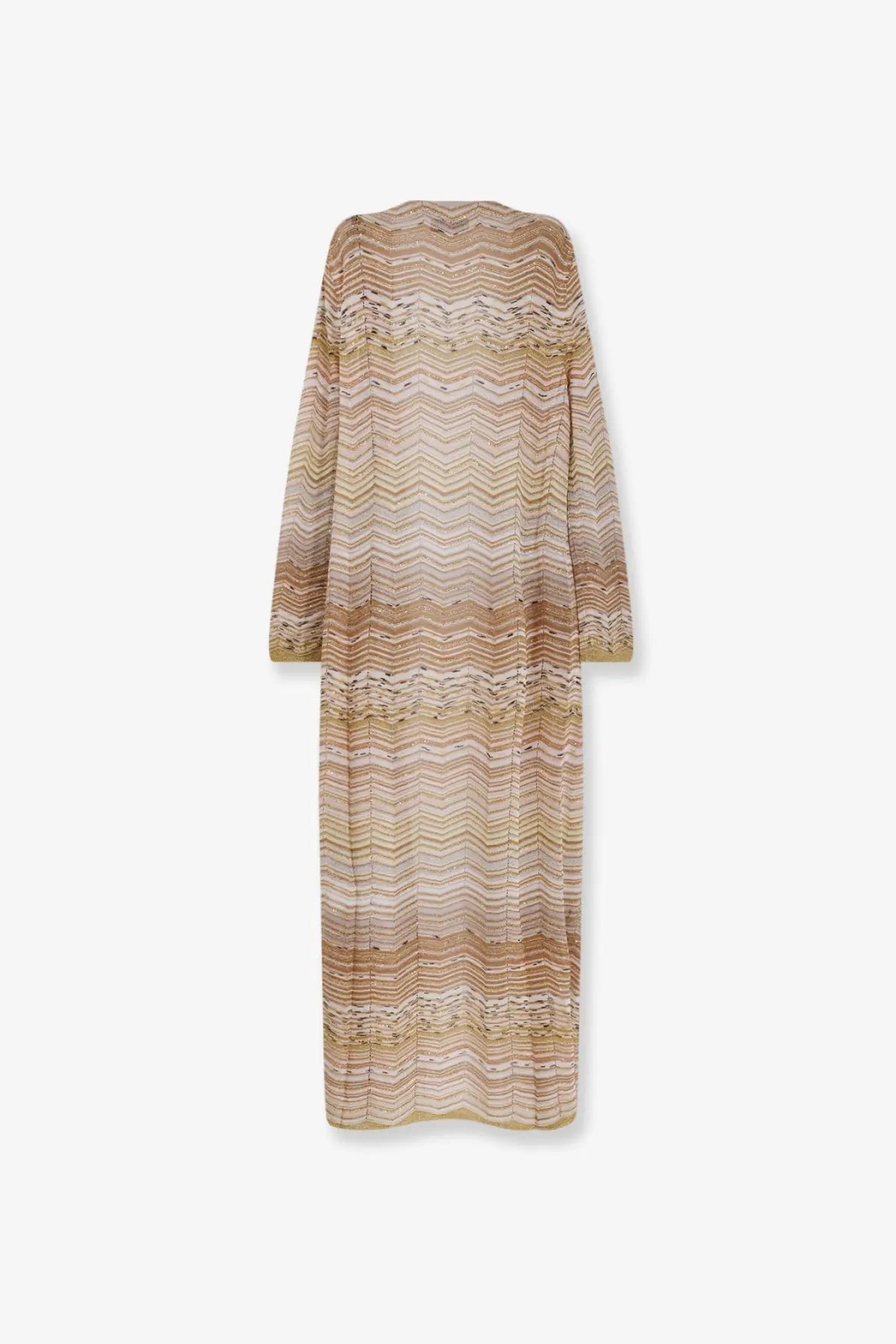 Missoni women’s long chevron motif cardigan in beige and taupe with a flowing zigzag pattern and loose fit