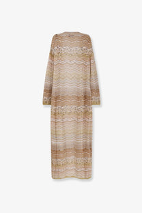 Missoni women’s long chevron motif cardigan in beige and taupe with a flowing zigzag pattern and loose fit