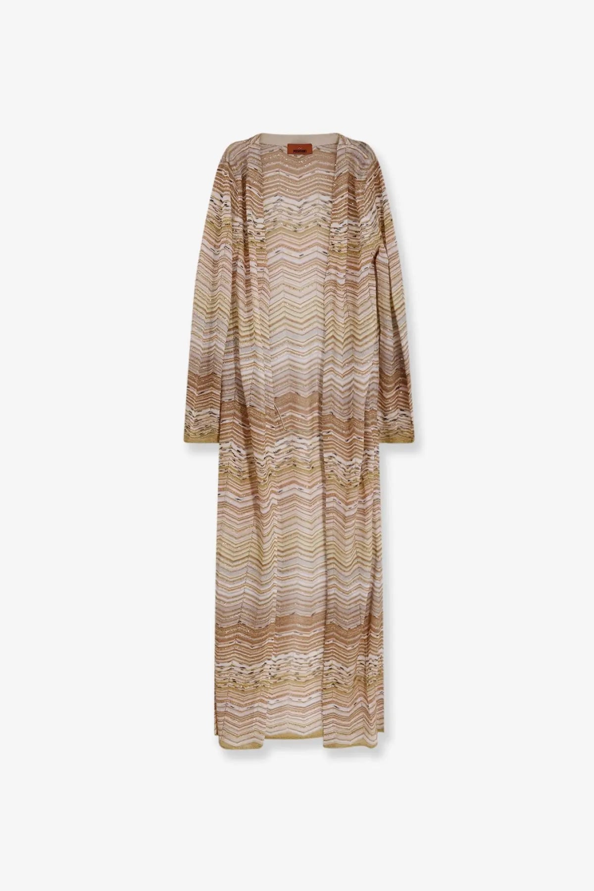 Missoni women’s long chevron motif cardigan in gold with beige and taupe zigzag pattern and loose fit