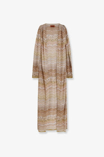 Missoni women’s long chevron motif cardigan in gold with beige and taupe zigzag pattern and loose fit