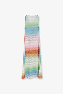 Missoni women’s sleeveless long cover up dress in vibrant rainbow gradient with intricate woven viscose and metallic fiber texture