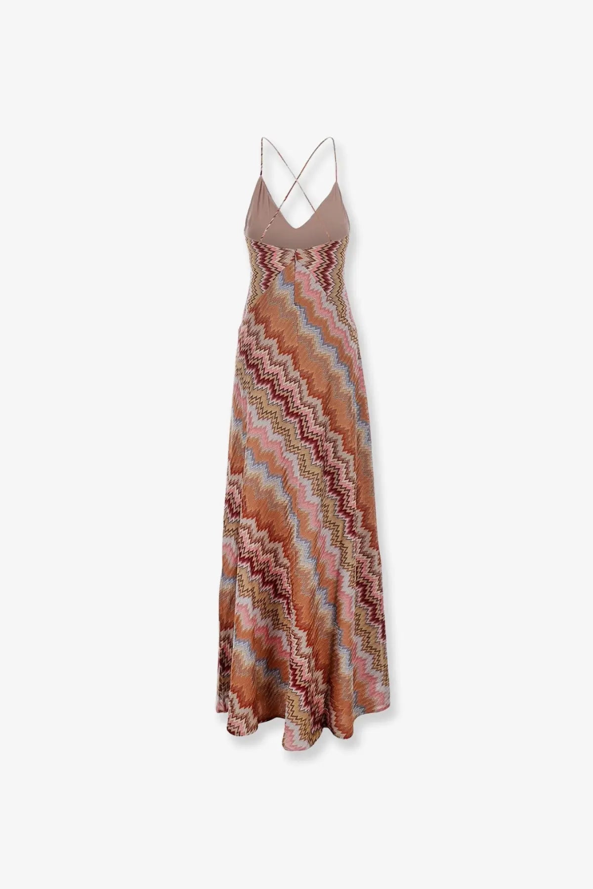 Missoni women’s long brown viscose dress with terracotta zigzag pattern and crossed spaghetti straps shown from back