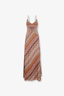 Missoni women’s long viscose maxi dress with long sleeves in terracotta blush pink and muted brown zigzag pattern