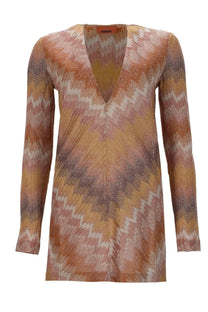 Missoni women’s shimmering long-sleeved mini dress with vibrant orange rust and beige zigzag pattern