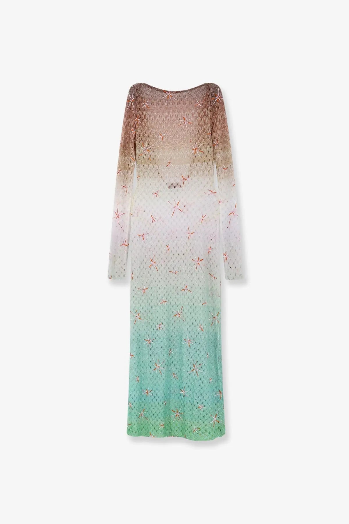 Missoni women’s multicolor long cover up dress with long sleeves knit in gradient brown to teal with star pattern