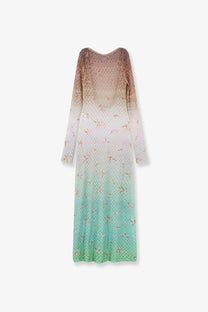 Missoni women’s multicolor long cover up knit dress in green with long sleeves star pattern and open back shown from back side