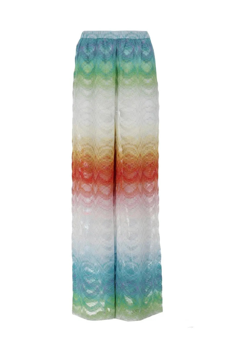 Missoni women’s pantalone copricostume multicolor rainbow gradient lace wide-leg pants with soft flowing fabric and intricate pattern