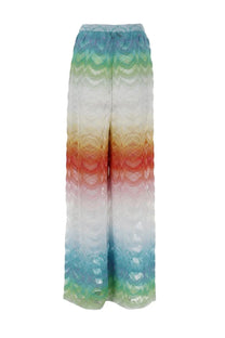 Missoni women’s pantalone copricostume multicolor rainbow gradient wide-leg trousers with textured woven fabric and elastic waistband
