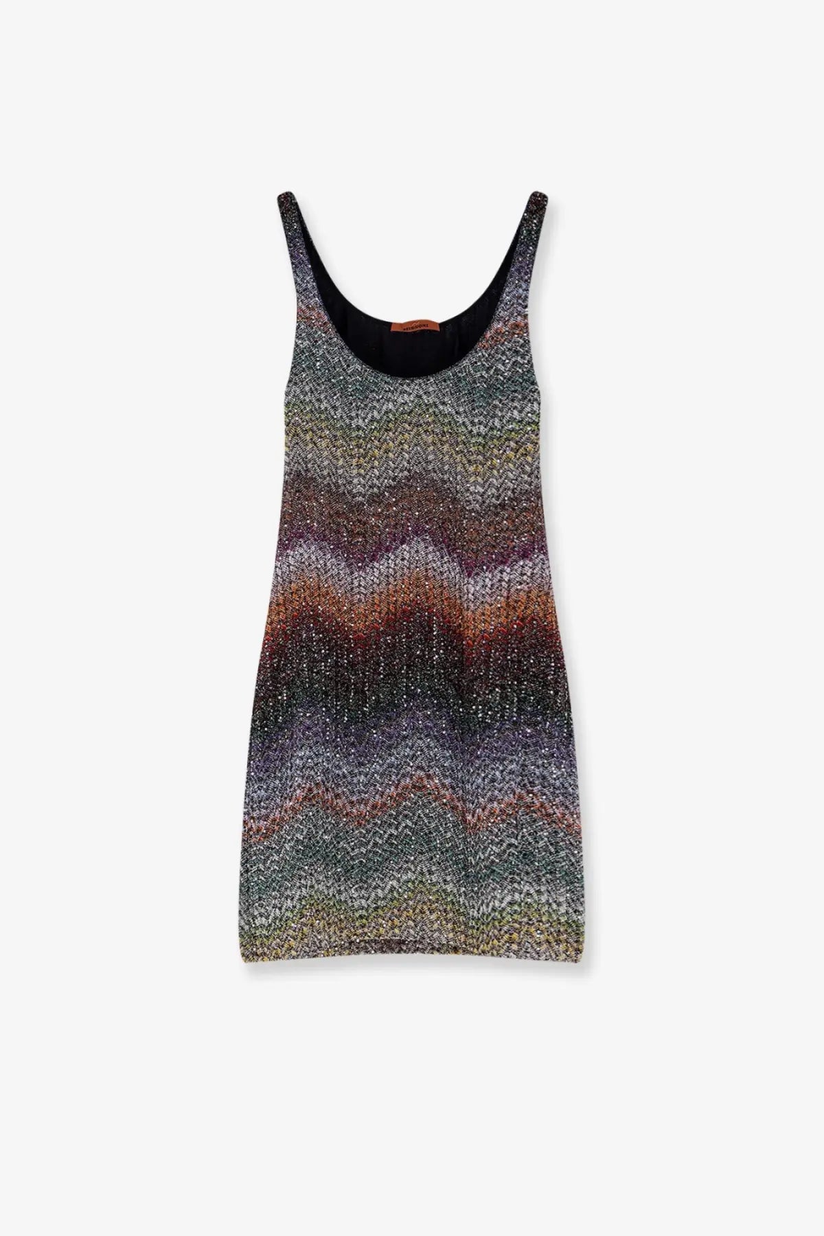 Missoni women’s short knitted sleeveless dress with a colorful wavy gradient pattern in gray purple and orange