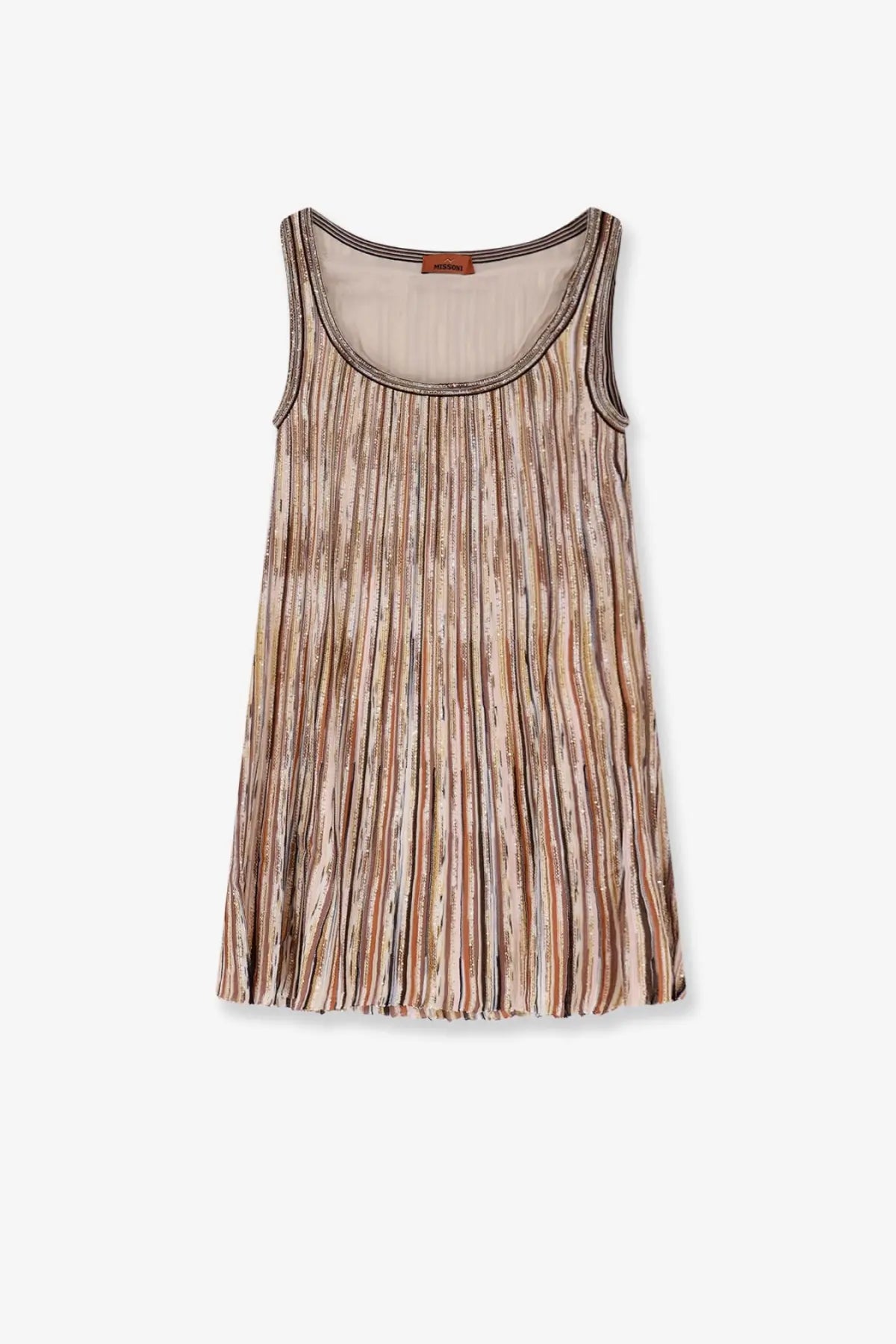 Missoni women’s sleeveless short dress in beige and brown striped viscose blend with pleats and subtle shimmer details