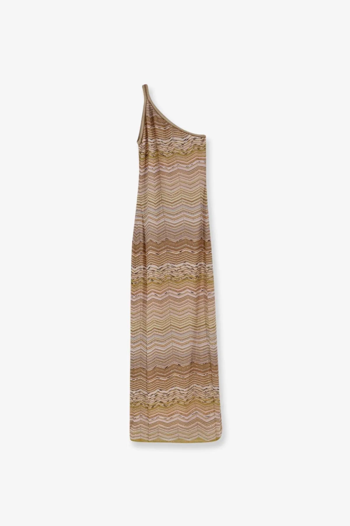 Missoni women’s one-shoulder woven maxi dress with beige tan and gold zigzag stripes in viscose laminata gold