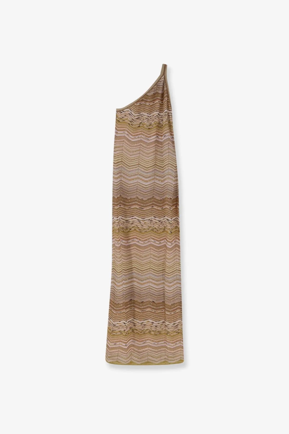 Missoni women vestito lungo in viscosa laminata gold one shoulder maxi dress with beige tan and gold zigzag patterns