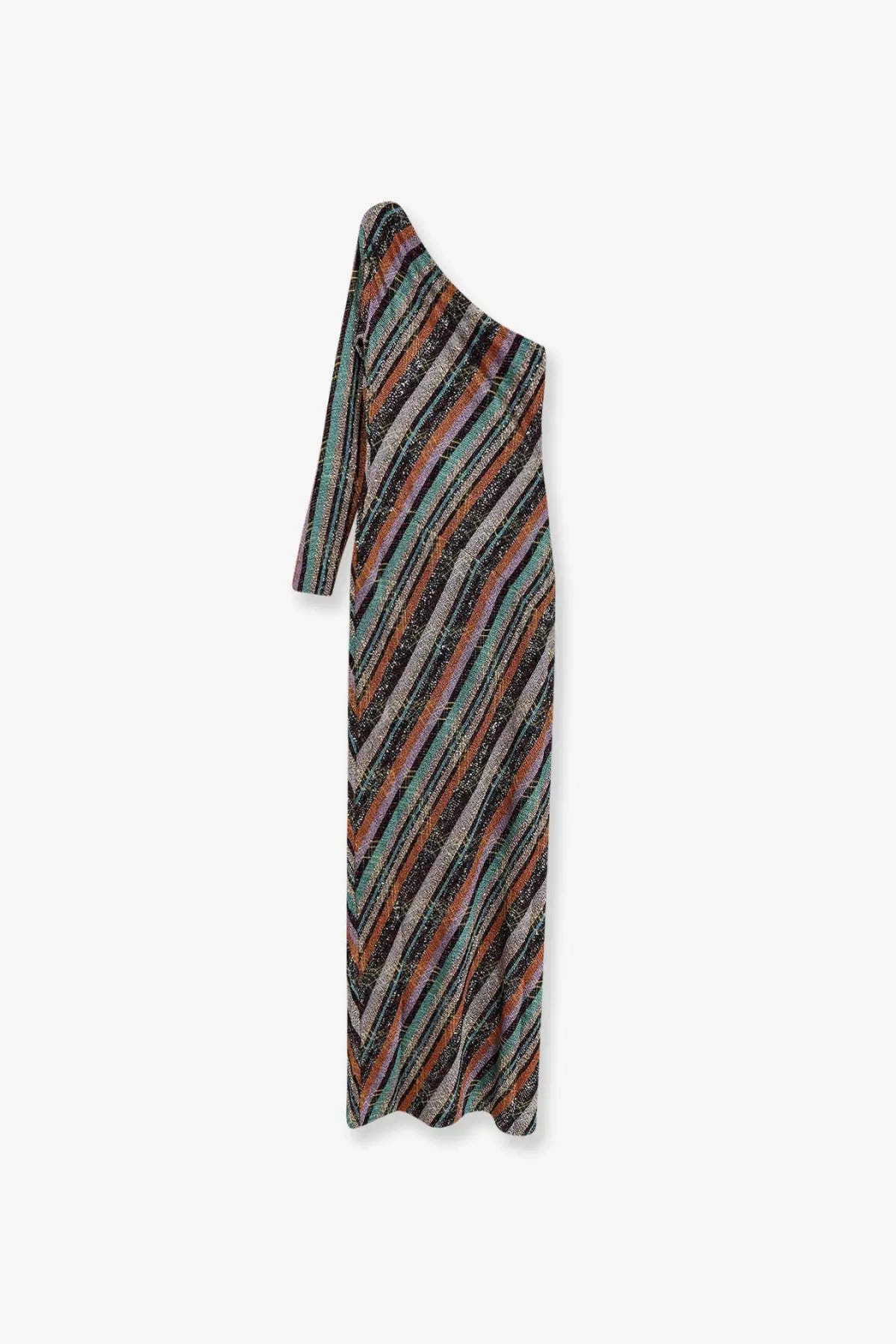 Missoni women’s gold viscose blend long dress with shimmering one-shoulder diagonal stripes in earthy tones and metallic accents