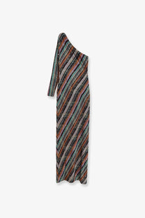 Missoni women’s gold viscose blend long dress with shimmering one-shoulder diagonal stripes in earthy tones and metallic accents
