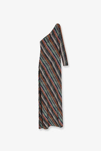 Missoni women’s viscose blend gold long dress with shimmering one-shoulder design and metallic earthy diagonal stripes