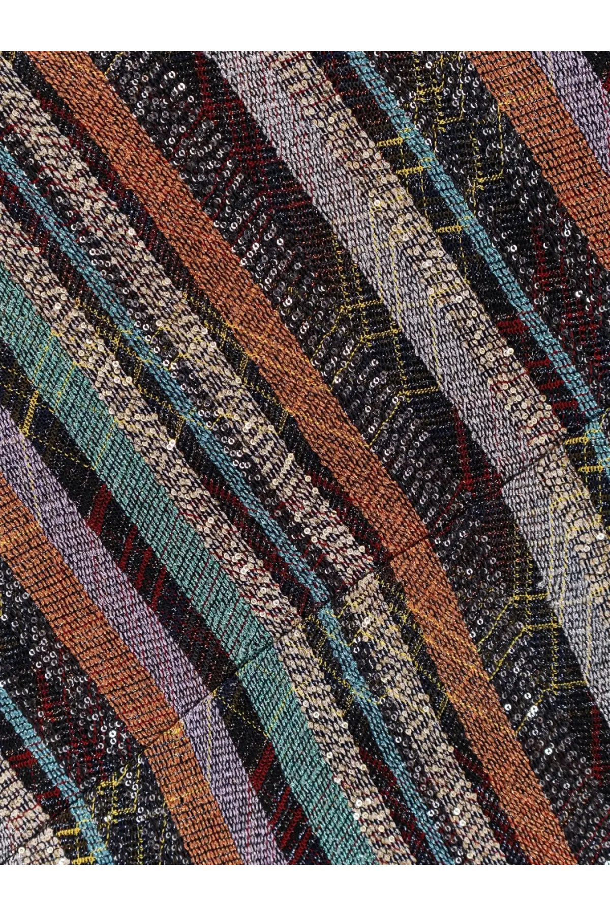 Missoni women’s viscose blend long dress with vibrant diagonally striped sequined and woven bands in earthy tones